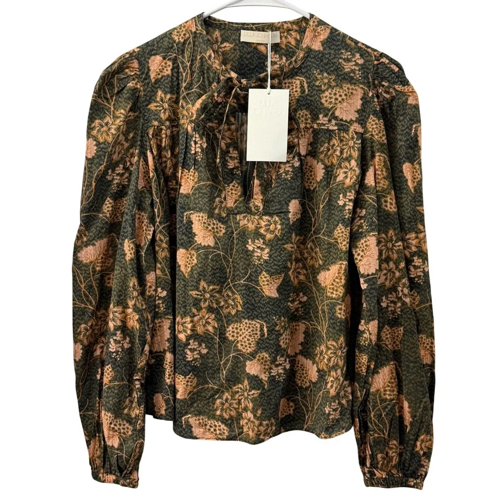 Ulla Johnson Tillie Blouse Balsam Green Floral Cotton Viscose Size 2 NEW Fall